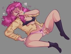 black_socks blush covering_face cum_in_pussy dick_in_pussy embarrassed gijinka half-dressed hand_on_face humanized leg_up object_show objectsona on_back overwhelmed panties panties_aside panting pink_hair pink_panties pink_pubes precum pubic_hair pussy self_insert vaginal_penetration