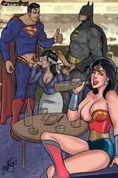 2017 2boys 2girls alcohol batman batman_(series) big_breasts black_hair blindfold blue_eyes dc dc_comics drinking fellatio lois_lane mavruda nipple oral superman superman_(series) swingers wonder_woman wonder_woman_(series)