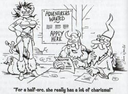 absolute_cleavage barbarian big_breasts breasts chuck_whelon cleavage cranky grumpy half-orc high_heel_boots horned_helmet human sword wizard wizard_hat wizard_robe