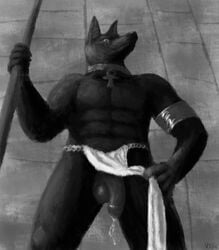 anthro anubian_jackal anubis canine clothing deity furry furry_only jackal loincloth male male_only mammal monochrome no_humans penis precum solo vide