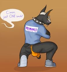 anthro anus backsack balls black_skin blush canine clothing collar crossed_arms crouching dialogue flaccid footwear furry furry_only hellhound himerosthegod male male_only mammal no_humans penis presenting presenting_anus shoes solo spiked_collar spikes valigar_(himeros)