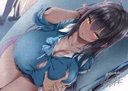 2girls asuna_(blue_archive) black_hair black_skirt blue_archive blue_cardigan blush breasts button_gap cardigan cleavage dark-skinned_female dark_skin dutch_angle gigantic_breasts grabbing_another's_breast groping halo hand_in_own_hair huge_breasts karin_(blue_archive) karin_(school_uniform)_(blue_archive) lips long_hair miniskirt multiple_girls open_mouth school_uniform shirt signature skirt slit_pupils standing straight_hair thick_thighs thighs tirotata twitter_username watermark white_shirt yellow_eyes