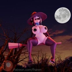 101_dalmatian_street 101_dalmatians 1:1 3d_(artwork) anthro big_breasts black_clothing black_footwear black_high_heels black_nipples breasts broom cleaning_tool clothing collar delilah_(101_dalmatians) digital_media_(artwork) disney female female_anthro fharen floating footwear fur genitals hand_on_hip hat headgear headwear hi_res high_heels huge_breasts huge_hips humanoid_genitalia legwear light looking_at_viewer looking_down markings moon moonlight mostly_nude navel nipples shoes solo spots spotted_body spread_legs spreading text url vulva white_body white_fur wide_hipped_female wide_hips witch_hat