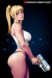 1girls ass blonde_hair blue_eyes busty curvy female female_only long_hair metroid nintendo ponytail profile r3ydart samus_aran solo tank_top thong underwear voluptuous