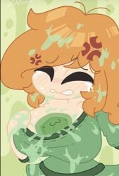 1girls :3 alex_(minecraft) between_breasts big_breasts matz0306 matz_(pixiv) minecraft shut_eyes slime slime_(minecraft) source_request tearing_up tears unhappy unhappy_female