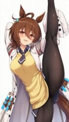 1girls agnes_tachyon_(umamusume) animal_ears bangs blush breasts brown_eyes brown_hair eyebrows_visible_through_hair female female_only hair_between_eyes hair_ornament horse_ears horse_girl jacket large_breasts leg_lift leg_up legs_up long_sleeves looking_at_viewer open_mouth pantyhose smile solo split standing standing_on_one_leg standing_split tail umamusume