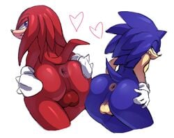 2017 androgynous anus ass backsack balls big_butt canine clothing duo echidna femboy girly gloves heart hedgehog knuckles_the_echidna male male_only mammal monotreme nude perineum presenting presenting_hindquarters simple_background sonic_(series) sonic_the_hedgehog spread_ass spreading squish_(artist) take_your_pick trap white_background