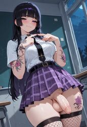 1futa ai_generated balls black_hair blush breasts classroom dutch_angle fishnet_legwear fishnets futa_only futanari goth goth_futa goth_girl goth_girl_(jamesbron) hime_cut intersex jamesbron long_hair looking_at_viewer medium_breasts night no_panties penis plaid_skirt purple_eyes shy skirt solo solo_futa standing stockings tattoo tattoos thighhighs thighs tie white_shirt wide_hips