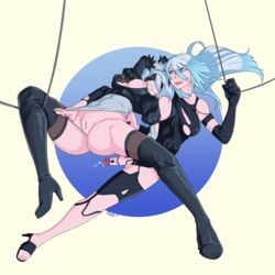 2girls android ass assisted_exposure blindfold cum feet futanari gloves headband intersex long_hair multiple_girls nier nier:_automata nipple_slip nipples penis pussy pussy_juice scorchingnova short_hair silver_hair thighhighs torn_clothes white_hair white_leotard yorha_2b yorha_a2