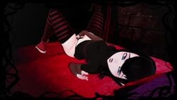 1girls 3d animated bed black_hair black_lipstick blue_eyes clothed_masturbation clothing emo fangs female female_only fringe goth hotel_transylvania lipstick looking_at_viewer lying masturbation masturbation_through_clothing mavis_dracula no_sound on_back open_mouth pale-skinned_female panties petite pleasure_face sharp_teeth short_hair shorter_than_10_seconds skuddbutt small_ass sneakers solo stockings sweater teenager thighhighs vampire video