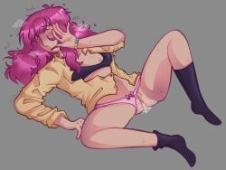 black_socks blush bra_peek creampie cum cum_in_pussy drool_string embarrassed exhausted gijinka half-dressed hand_on_face humanization humanized leaking_pussy leg_up looking_away musk object_show objectsona panties_aside panting_in_face pink_hair pink_panties pink_pubic_hair pussy self_insert trembling