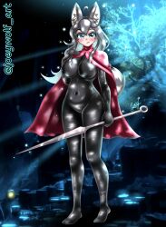 1girls big_breasts black_bodysuit blue_eyes bodysuit cosplay female grey_fur grey_hair happy holding_weapon hollow_knight hollow_knight:_silksong hornet_(hollow_knight) hornet_(hollow_knight)_(cosplay) husky joey_wolf koda_(joey_wolf) light-skinned_female light_skin long_hair red_cape seductive_body seductive_look spear weapon white_skin wolf_ears wolf_girl wolf_tail