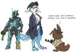 anthro aquatic breasts canid canine clothing female feral fish fox genitals group gun hybrid machine mammal prostokvashino ranged_weapon robot shark tama-tama trio vulva weapon