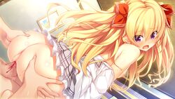 1boy ass ass_grab blonde_hair blood blush breasts ceiling clothed_female_nude_male clothes_down dutch_angle eurasia_of_end eyebrows_visible_through_hair female game_cg hair_between_eyes hair_ribbon indoors long_hair looking_back nipples no_panties nora_to_oujo_to_noraneko_heart nude oozora_itsuki open_mouth penis pussy pussy_juice reverse_cowgirl_position ribbon sex shiny shiny_skin skirt small_breasts solo_focus straight two-tone_ribbon vaginal_blood vaginal_penetration virgin virginal_blood white_ribbon