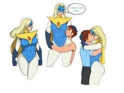 1boy 1girls 2025 2d 2d_(artwork) big_ass big_breasts blonde_blazer blonde_hair blue_eyes blush breasts brown_hair calvinhobby clothed clothed_female dispatch_(game) english_text female fully_clothed gloves grabbing_from_behind highres hugging hugging_from_behind imminent_sex kissing long_hair male malesub multiple_images questionable robert_robertson sfw shorter_male smaller_male straight superheroine taller_female text thick_thighs wholesome