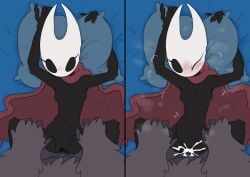 1girls 2_horns alternate_body_type alternate_breast_size arthropod artist_name black_body black_skin blush blush_lines blushing breasts bug bug_girl cumflation ebiinari female female_only hollow_knight hollow_knight:_silksong hornet_(hollow_knight) hymnos_(mnemonic_horse) inflation original_character petite pillow pillow_grab silksong small_breasts stomach_bulge team_cherry thebluepopsicle30 thin_female thin_waist