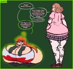 2girls cleavage clothed dialogue growth haru_okumura height_growth huge_ass huge_breasts hyper hyper_ass hyper_breasts persona persona_5 sakura_futaba sequence shortstack skullgeist text wide_hips