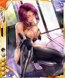 bodysuit breasts cleavage kagami_hirotaka koukawa_oboro large_breasts naughty_face purple_hair pussy_juice squatting taimanin_(series) taimanin_asagi_battle_arena taimanin_asagi_battle_arena_all_card_gallery