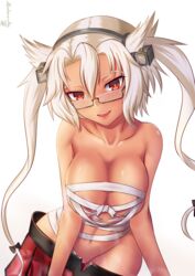 /// :d blush breasts brown_eyes budget_sarashi cleavage dark-skinned_female dark_skin female hair_between_eyes head_tilt high_resolution hoshino_aoi_(la_huynh_hai_than) huge_breasts kantai_collection large_breasts leaning_forward long_hair looking_at_viewer megane musashi_(kantai_collection) navel nipples nopan open_mouth red_eyes sarashi semi-rimless_eyewear semi-rimless_glasses short_hair_with_long_locks signature skirt skirt_down smile solo tied_hair twintails two_side_up under-rim_eyewear under-rim_glasses white_hair