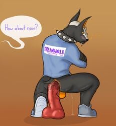 anthro anus backsack balls big_dildo black_skin blush canine clothing collar crossed_arms crouching dialogue dildo flaccid footwear furry furry_only hellhound himerosthegod lube male male_only mammal no_humans penis precum presenting presenting_anus sex_toy shoes solo spiked_collar spikes valigar_(himeros)