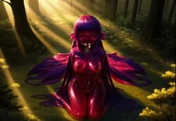 ai_generated cum_in_mouth female female_only forest into_the_monster_girl_hole junkyreena_(into_the_monster_girl_hole) long_hair monster_girl on_knees red_slime slim_female trees