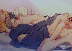 2boys akiyoshi_haru black_hair bound bound_wrists brothers brown_hair closed_eyes couple hand_on_ass incest julius_will_kresnik kissing ludger_will_kresnik multicolored_hair multiple_boys off_shoulder on_bed penis pillow sex siblings tales_of_(series) tales_of_xillia tales_of_xillia_2 white_hair yaoi