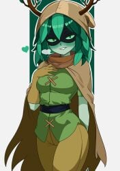 1girls adventure_time augusketchs big_breasts blush breasts female female_only green_eyes green_hair green_skin grey_hair hair_between_eyes hand_on_own_chest heart hood huntress_wizard large_hips long_hair looking_at_viewer pants smile solo striped tagme