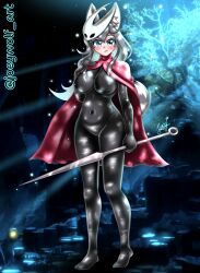 1girls big_breasts black_bodysuit blue_eyes bodysuit cosplay female grey_fur grey_hair happy holding_weapon hollow_knight hollow_knight:_silksong hornet_(hollow_knight) hornet_(hollow_knight)_(cosplay) husky joey_wolf koda_(joey_wolf) light-skinned_female light_skin long_hair mask mask_on_head red_cape seductive_body seductive_look spear weapon white_skin wolf_ears wolf_girl wolf_tail