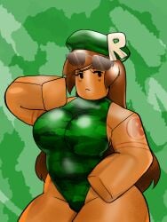 1girls big_breasts blocky_body brown_hair cami_(project_remix) female glasses kyhtara large_breasts leotard long_hair military military_hat orange_skin posing project_remix roblox roblox_game robloxian self_upload sleeveless standing tan_body tattoo thighs