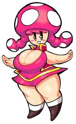 1girls big_breasts big_thighs breasts busty cleavage curvy cute dress female female_only light-skinned_female light_skin mario_(series) mushroom mushroom_girl mushroom_humanoid nintendo no_nose pigtails pink_dress pink_eyes pink_hair shoes shortstack simple_background skirt solo theguywhodrawsalot thick thick_hips thick_thighs thighs toadette twintails vest white_background wide_hips