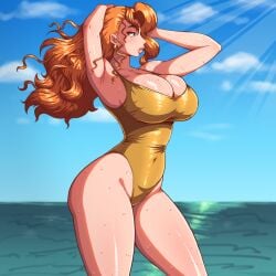 1girls alexa_stanworth armpits beach bikini breasts female female_only freckles freckles_on_breasts freckles_on_face high_resolution large_breasts one-piece_swimsuit orange_hair original simmsy solo swimsuit thighs very_high_resolution wide_hips