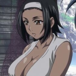 anime anime_screencap big_breasts black_hair brown_eyes cleavage dark-skinned_female dark_skin female female_focus female_only forehead hairband looking_down manyuu_hikenchou oiso revealing_clothes screencap screenshot short_hair sleeveless takagi_jun upper_body white_clothing white_hairband