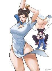 2girls arms_up ass brown_hair chun-li closed_eyes double_bun drooling female female_only human juri_han lightsosis multiple_girls open_mouth short_hair sparkle squatting standing street_fighter street_fighter_6 thighs thought_bubble yawn