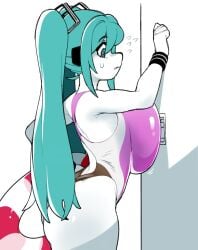 ass blue_hair blush breasts dizzyspells female hatsune_miku massive_breasts sweatdrop swimsuit vocaloid white_body