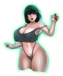 absurd_res aura breasts edit fubuki_(one-punch_man) green_eyes green_hair large_breasts midriff nipple_bulge nowajoestar one-punch_man panties psychic revealing_clothes solo strap_slip tank_top thick_thighs