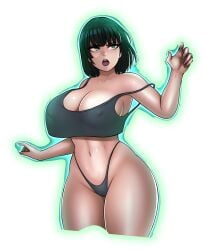 absurd_res aura breasts edit fubuki_(one-punch_man) green_eyes green_hair large_breasts midriff nipple_bulge nowajoestar one-punch_man panties psychic revealing_clothes solo strap_slip tank_top thick_thighs transparent_background