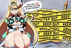 1boy 1girls angry angry_face ass blonde_hair damonfive0 jewelry large_breasts legs_up light-skinned_female light-skinned_male mating_press mythra nintendo offscreen_sex sex tape thick_thighs tiara unseen_male_face vaginal_penetration xenoblade_(series) xenoblade_chronicles_2 yellow_eyes