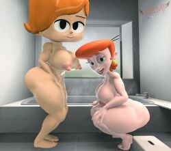 2girls 3d 3d_(artwork) areolae barefoot bathrooms big_breasts breasts closed_smile completely_nude completely_nude_female debbie_turnbull dexter's_laboratory dexter's_mom female female_only full_body indoors looking_at_viewer mrmnoobp naked naked_female nipples nude nude_female open_mouth open_smile orange_hair robotboy short_hair smile squatting