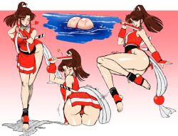 1girls ass bare_legs barefoot brown_eyes brown_hair bubble_butt busty cleavage fatal_fury female female_focus female_only hi_res hourglass_figure kimono king_of_fighters long_hair mai_shiranui makeup mergeritter ponytail sleeveless sleeveless_vest snk thong vest watermark wide_hips