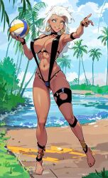 african_female ai_generated barefoot beach beach_background bikini dark-skinned_female large_breasts midriff partially_clothed partially_nude partially_nude_female queen queen_la the_legend_of_tarzan tight_clothing volleyball_(ball) white_hair