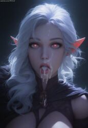 after_fellatio ahe_gao ai_generated cum cum_in_mouth cum_on_chin cum_on_face cumdrip curly_hair elf elf_ears heart-shaped_pupils hearts_in_eyes long_hair looking_at_viewer nai_diffusion open_mouth original original_character pointy_ears pujopg realistic shiny_hair white_hair