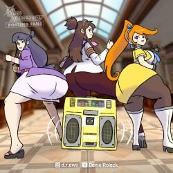 3girls ass athena_cykes black_hair blush body_control boombox boots bouncing_ass bouncing_breasts brown_hair brown_pantyhose capcom clothed clothing cute daniel_rolack ema_skye feet female female_only gold_boombox_(prevence) gyakuten_saiban houzuki_akane huge_ass human labcoat lawyer light_skin looking_at_viewer looking_back maya_fey medium orange_hair pale_skin sandals scientist skirt standing thumbs_up tie tied_hair trio twerk_hypnosis twerking twitch_lines yellow_skirt yellow_vest