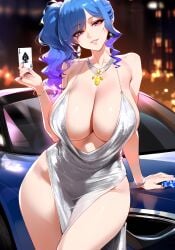 1girls ai_generated azur_lane backless_dress backless_outfit bag bangs bare_shoulders blue_hair blue_nails bracelet breasts cleavage depressu dress earrings evening_gown grey_dress hair_ornament hairclip halter_dress handbag huge_breasts nail_polish necklace pink_eyes plunging_neckline queen_of_spades revealing_clothes side_ponytail sidelocks st._louis_(azur_lane) st._louis_(luxurious_wheels)_(azur_lane) thighs