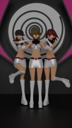 3d 3girls alexis_rhodes bare_midriff boots crop_top evil_smile female gloves glowing_eyes group happy_trance jasmine_(yu-gi-oh!) midriff midriff_baring_shirt mind_control mindy_(yu-gi-oh!) miniskirt pink_eyes skirt tenjouin_asuka uniform yu-gi-oh! yu-gi-oh!_gx