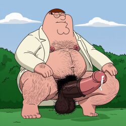 1boy ai_generated balls ballsack body_hair cum eyes_closed family_guy fat fat_man glasses grass hairy_body hairy_legs horsecock human hyper_penis male male_only mostly_nude nipples obese obese_male outdoors overweight overweight_male peter_griffin pubic_hair solo solo_male squatting