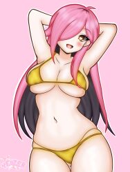 big_breasts breasts covered_nipples covered_pussy golden_bikini heart_eyes latam_virtual_youtuber long_hair neneefthy pink_hair virtual_youtuber vtuber vtuberfanart yeizer yellow_eyes