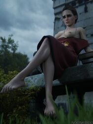 1girls 3d barefoot brown_hair dress feet female harry_potter hermione_granger noonkiddo outdoor_nudity outside red_dress solo time-turner topless topless_female