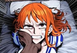 1boy 1girls abuse ai_generated bed bedroom clenched_teeth crying crying_with_eyes_open dark-skinned_male earrings face_slapping female female_focus gloopai indoors injury interracial long_hair male muscular_male nai_diffusion nami nami_(pre-timeskip)_(cosplay) one_piece orange_hair post-timeskip pre-timeskip rolling_eyes rough_sex ryona scared scared_expression slap slapping slapping_face tear tearing_up tears time_paradox trembling veiny_muscles violence