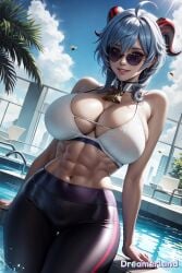 abdomen abdominals abs ai_generated anime anime_style arms bare_shoulders belly_button big_breasts blue_hair breast_rest breasts choker cleavage crop_top cute day daytime eyes eyes_open female female_focus female_only fingers fit fit_female fitness from_below from_front_position ganyu_(genshin_impact) genshin_impact hair hair_between_eyes hands-free hd hd_(traditional) high_resolution highres horns horny horny_female hourglass_figure huge_breasts large_breasts leggings light-skinned_female light_body light_skin lighting lips lipstick looking_at_viewer midriff muscle muscles navel plants pool pose posing posing_for_picture posing_for_the_viewer pov reflection ribs seducing seduction seductive seductive_body seductive_look seductive_mouth seductive_pose seductive_smile short_hair shy sky sky4maleja slim_waist smile straight_hair sunglasses sunlight teeth thick_thighs toned_belly toned_female toned_stomach waist water watermark wrong_eye_color