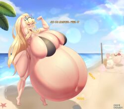 artist_name background_characters barghest_(gawain)_(fate) beach bikini demidegen dialogue english_text fate/grand_order fate_(series) flexing_bicep gigantic_belly gigantic_breasts hyper_breasts hyper_pregnancy lens_flare muscular nero_claudius_(fate) pregnant shell starfish swimsuit tamamo_no_mae_(fate) text volleyball